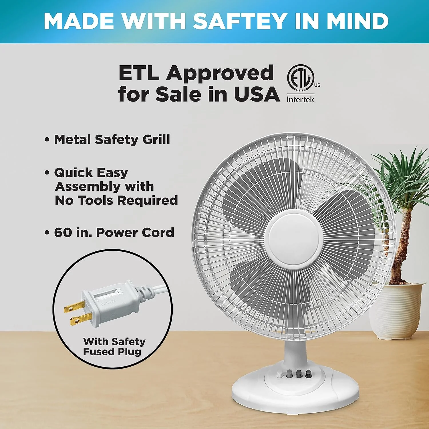 Ez-Chill Fan 12” 3-Speed Oscillating Table Fan with Adjustable Tilt, Convenient Push Button Controls, Quiet Operation, White