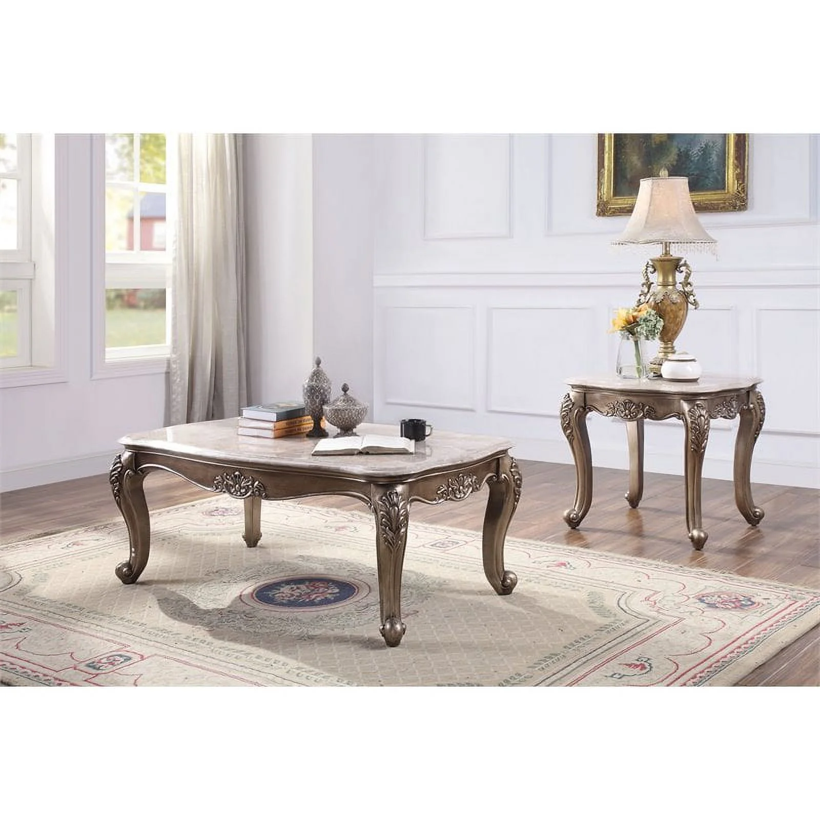 Bowery Hill Transitional End Table in Marble & Champagne