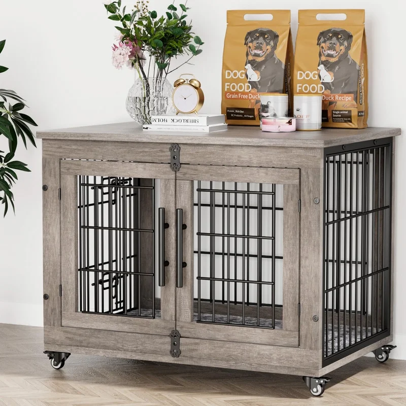 Dog Crate Furniture, Dog Kennel Indoor Double Doors Wooden Dog Cage, 33'' Heavy Duty Dog Crate with Cushion & Wheels, Decorative End Table Pet House Chew-Resistant for Medium/Small Dog, Grey