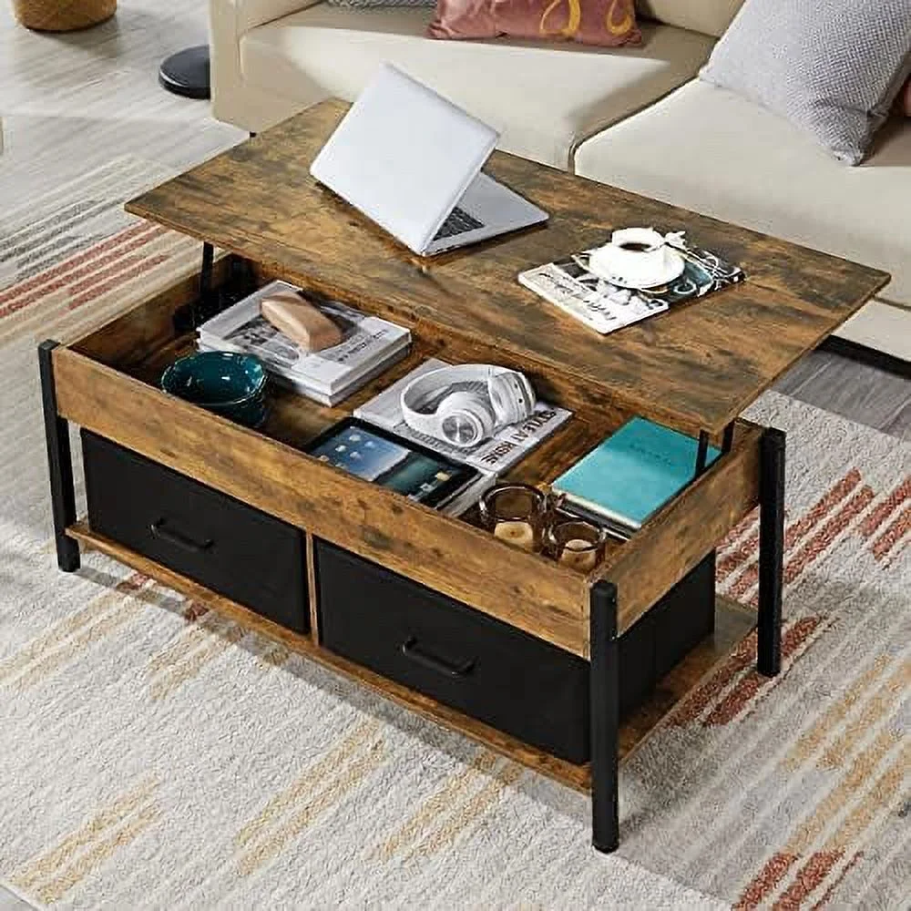 SQFHV Lift-top Coffee Table with 2 Fabric Baskets & Hidden  Compartment  Raisable Top Coffee Table Industrial Center Table with  for Living Room  Gray