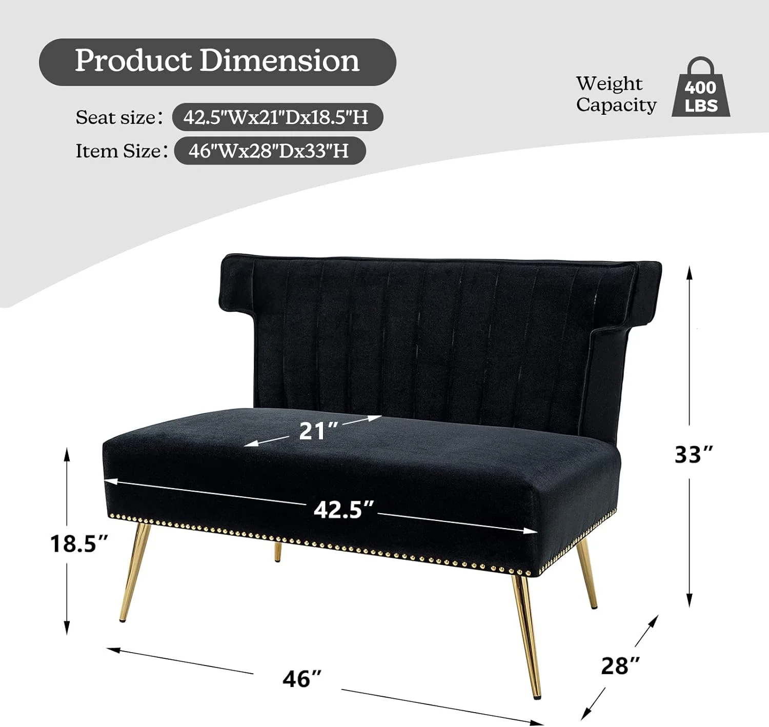 Velvet Upholstered Loveseat Sofa Armless, Modern Loveseat Couch With Golden Metal Legs, Living Room Tufted Velvet 2 Seater Sofa Chairs For Apartment Small Spaces（Black）