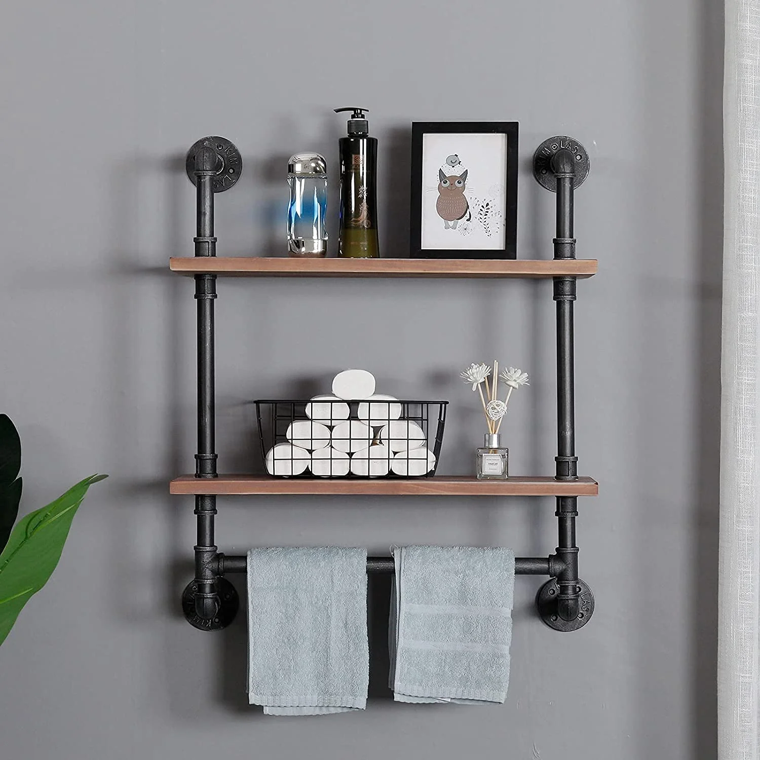 HAOFEI Industrial Pipe Shelving Bathroom Floating Shelves Wall Mounted, 2 Tier 24 inch Rustic Wood Shelf with Towel Bar, Farmhouse Towel Rack Bathroom Shelf Over Toilet
