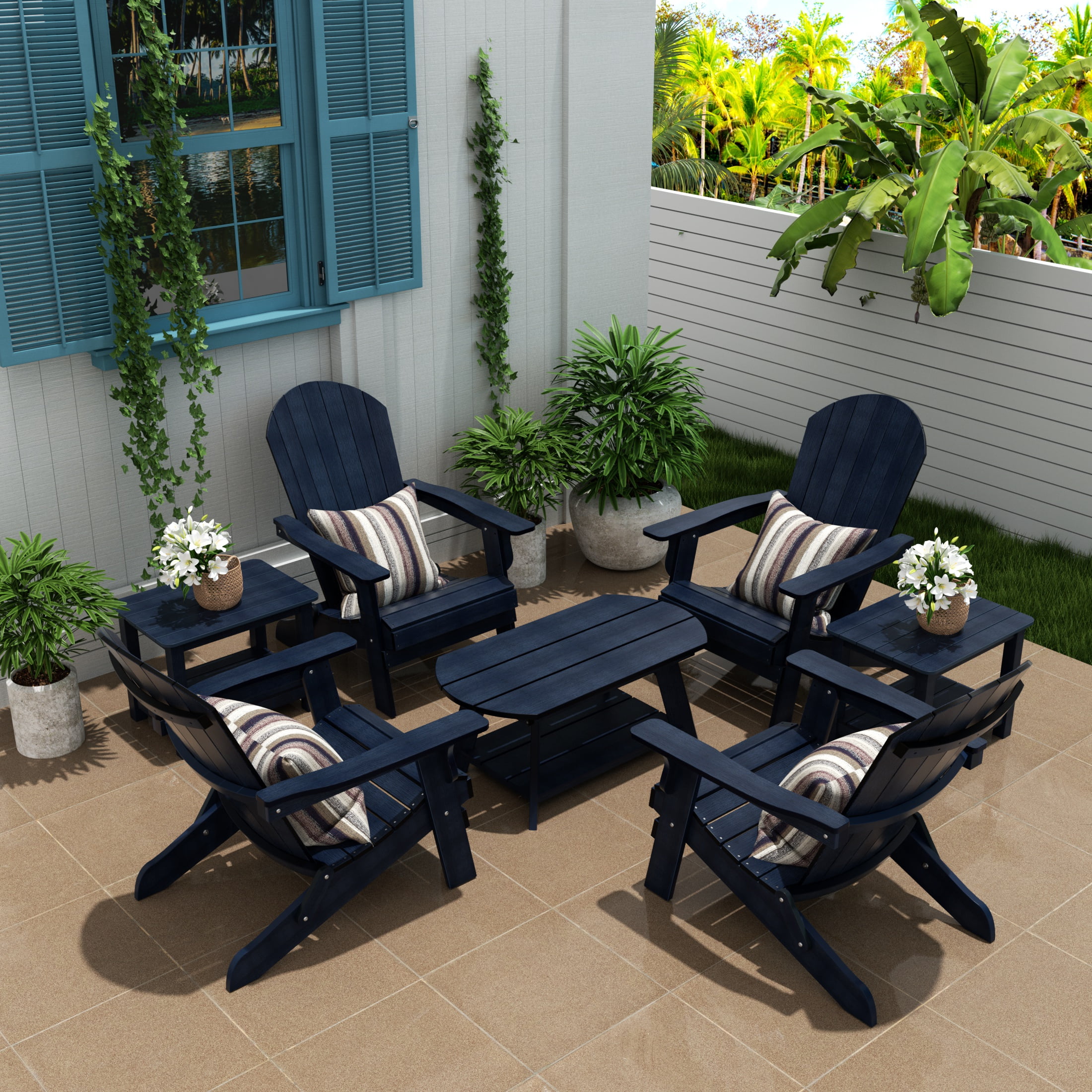 WestinTrends Tuscany 7-Piece HIPS Outdoor Poly Adirondack Seashell  Conversation Lounge Set, Navy