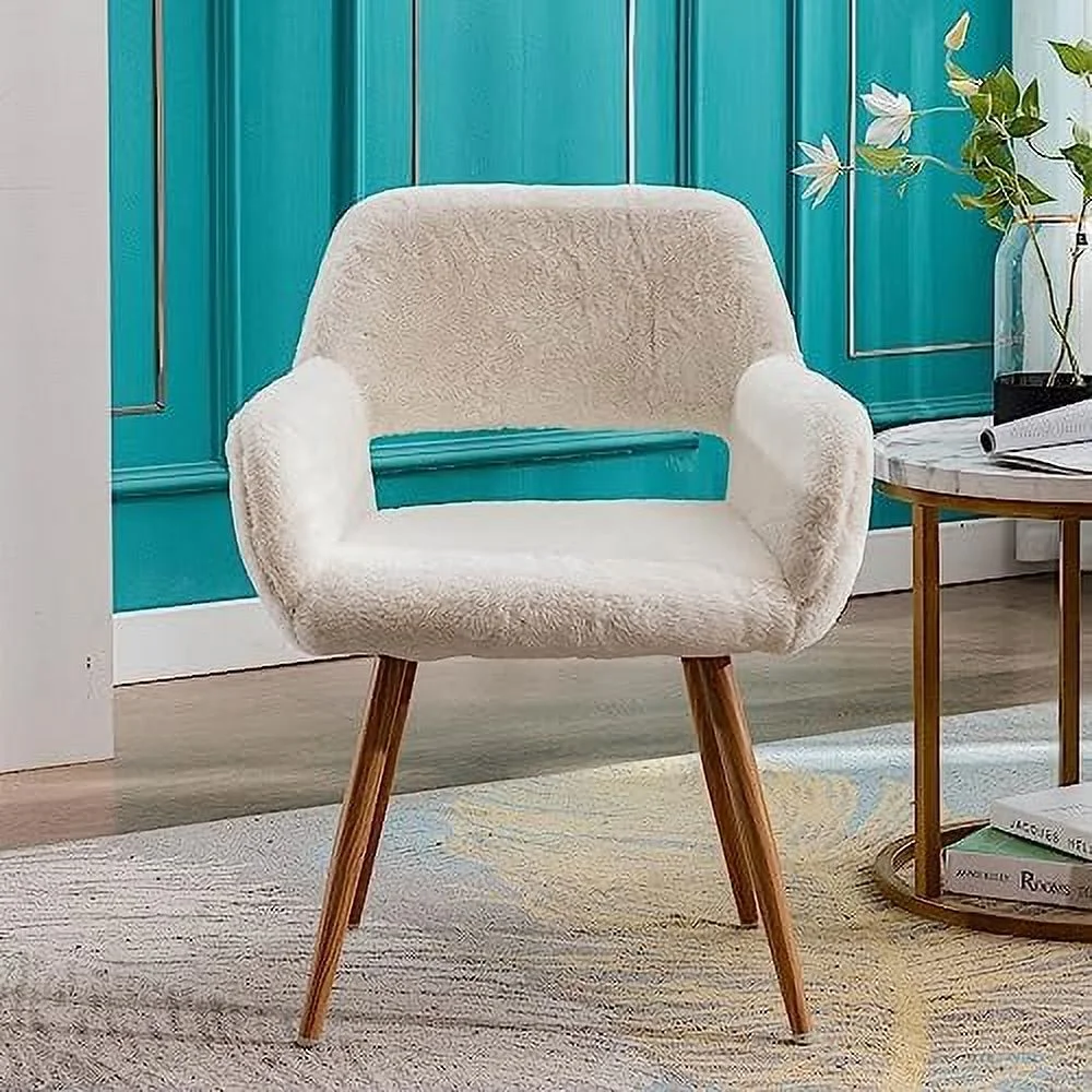 NLIBOOMLife Furry Desk Chair  Modern Fluffy Home Office Chair No Wheels  Faux Fur Vanity Chair for  with Fuzzy Hollow Backrest  Comfy Seat Armchair Sturdy Wood Frame Metal Legs for Bedroo