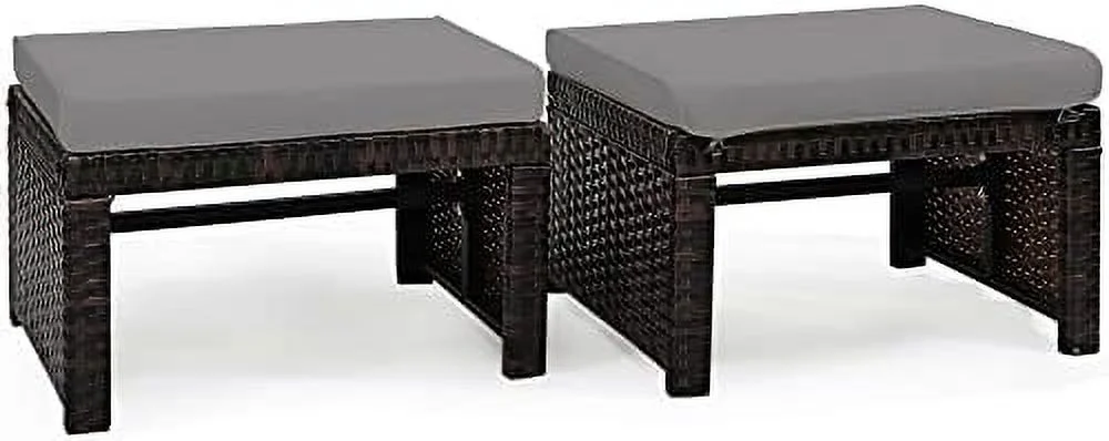 MQLIFEBOOM 2 Piece Patio Wicker Ottomans  Outdoor Foot  with Cushions  PE Rattan Footstool for Patio  Garden  Poolside  Turquoise