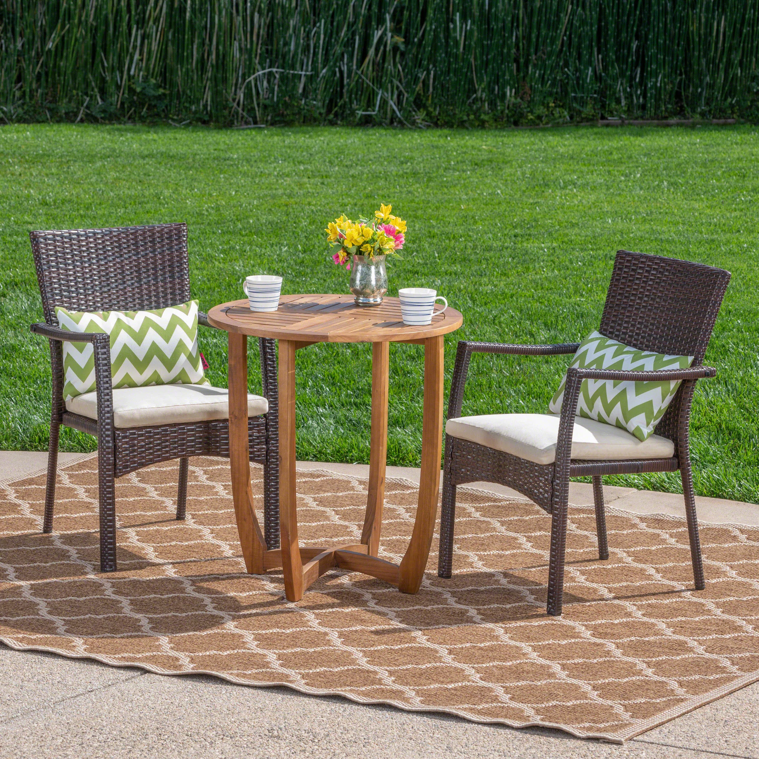 GDF Studio Heminger Outdoor Acacia Wood and Wicker 3 Piece Bistro Set with Cushions, Teak, Brown, and Beige