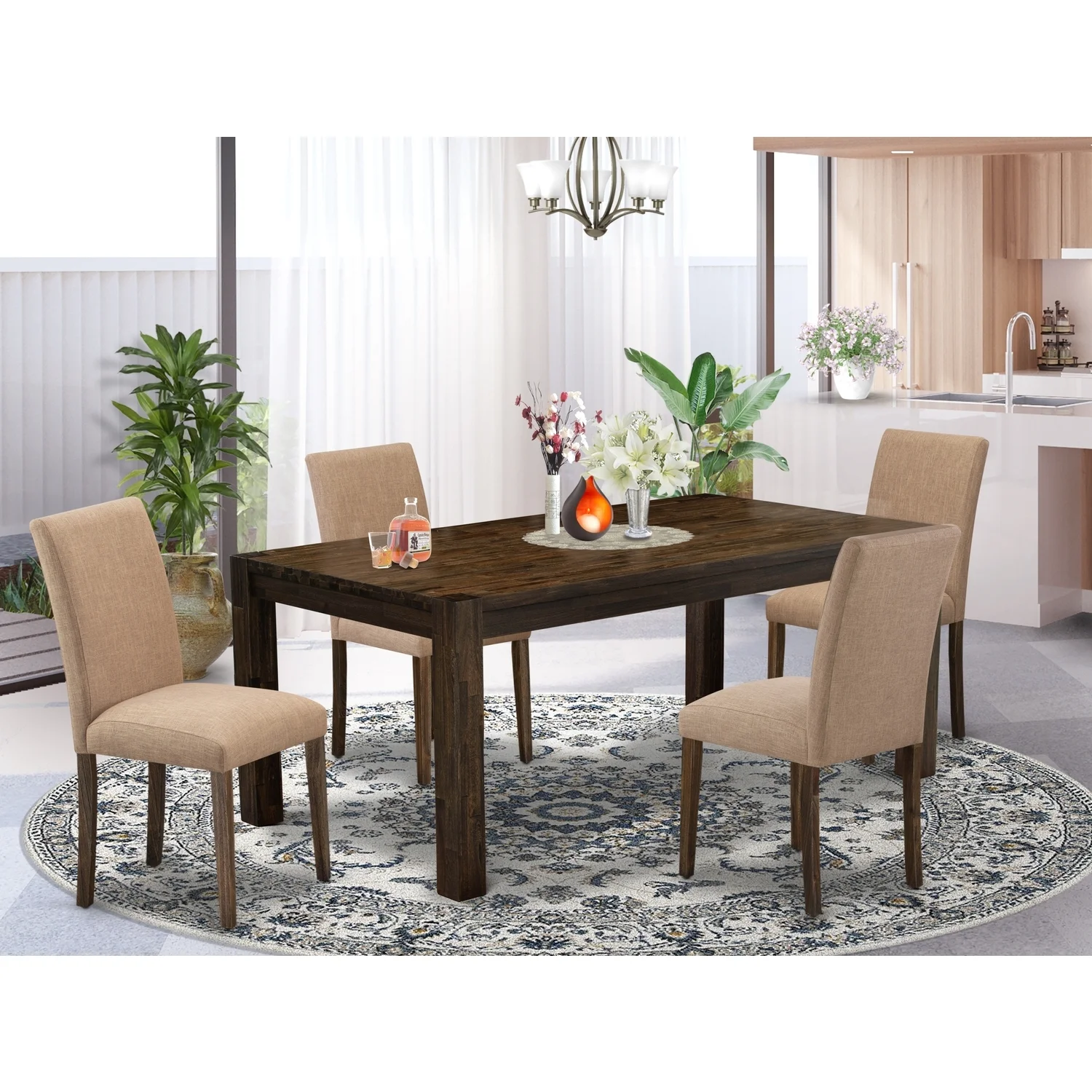 HomeStock Antique Accents 5Pc Dining Table Set Contains A Dining Room Table And 4-s Dining Chairs With Light Sable Color Fabric, Medium Size Table With Full Back Chairs,