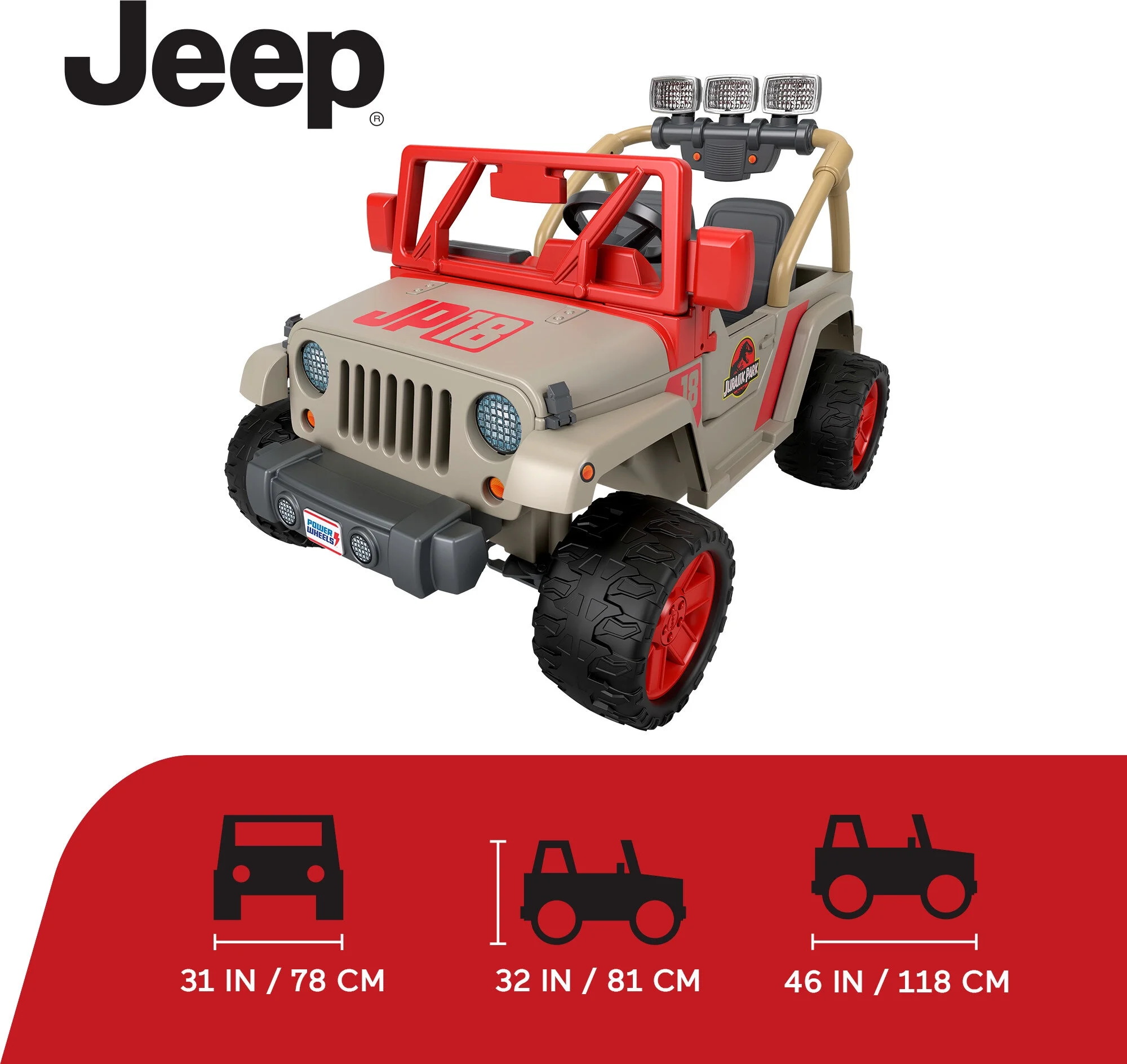 Power Wheels Jurassic Park Jeep Wrangler Battery Powered Ride-on Toy, 12 V, Max Speed: 5 mph