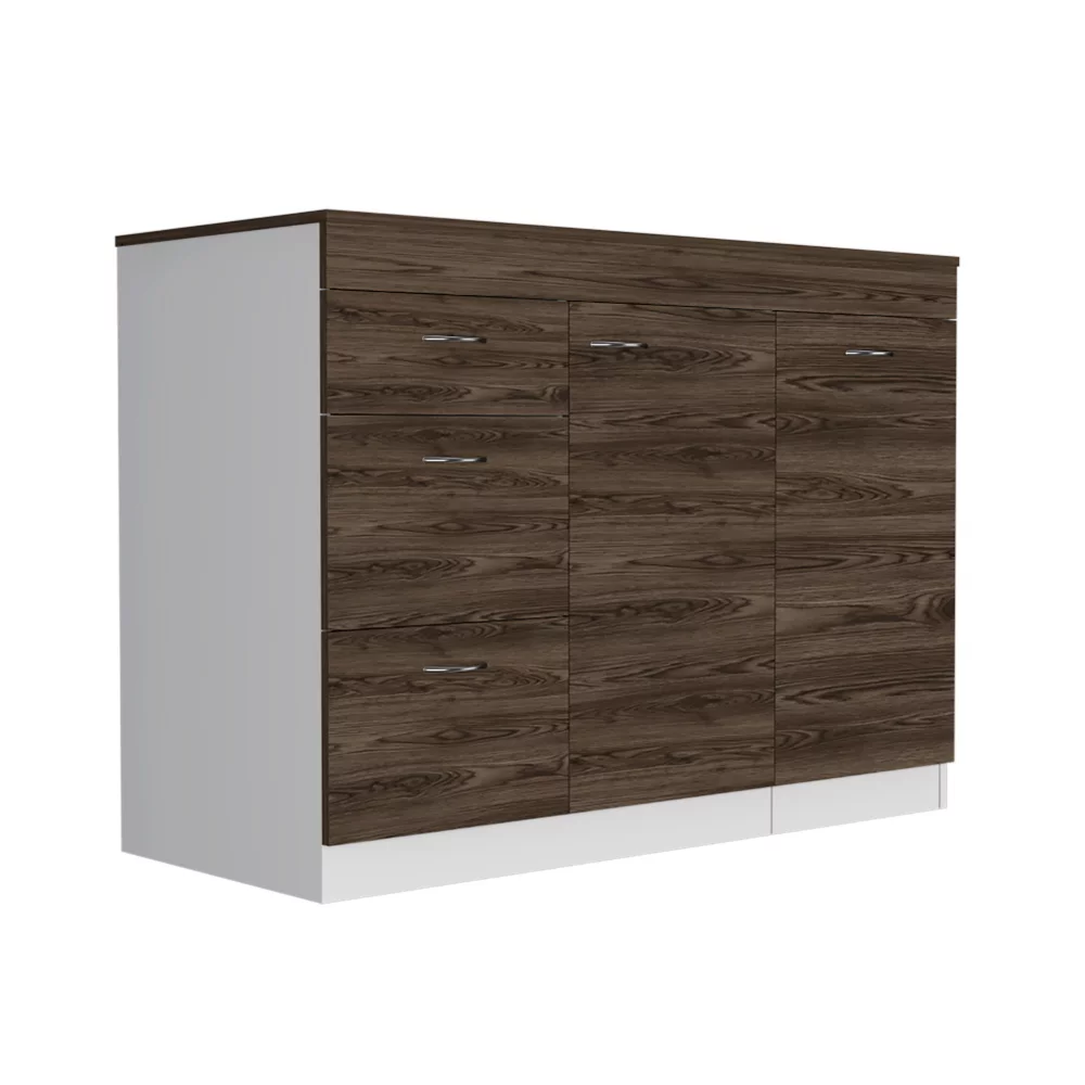 Kitchen Island Cabinet Metask,Three Drawers, White / Dark Walnut Finish