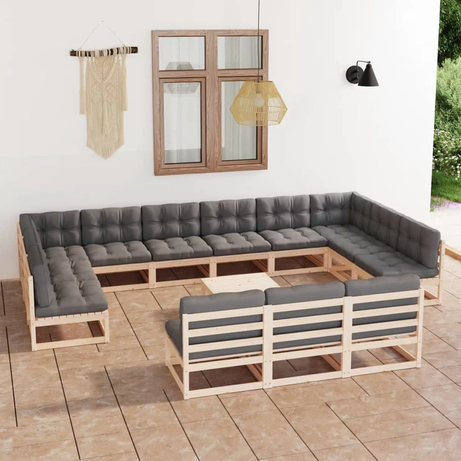moobody 14 Piece Patio  Set  Sofa Set with Gray Cushion Pinewood Sectional  Conversation Set for Patio, Backyard, Patio, Balcony