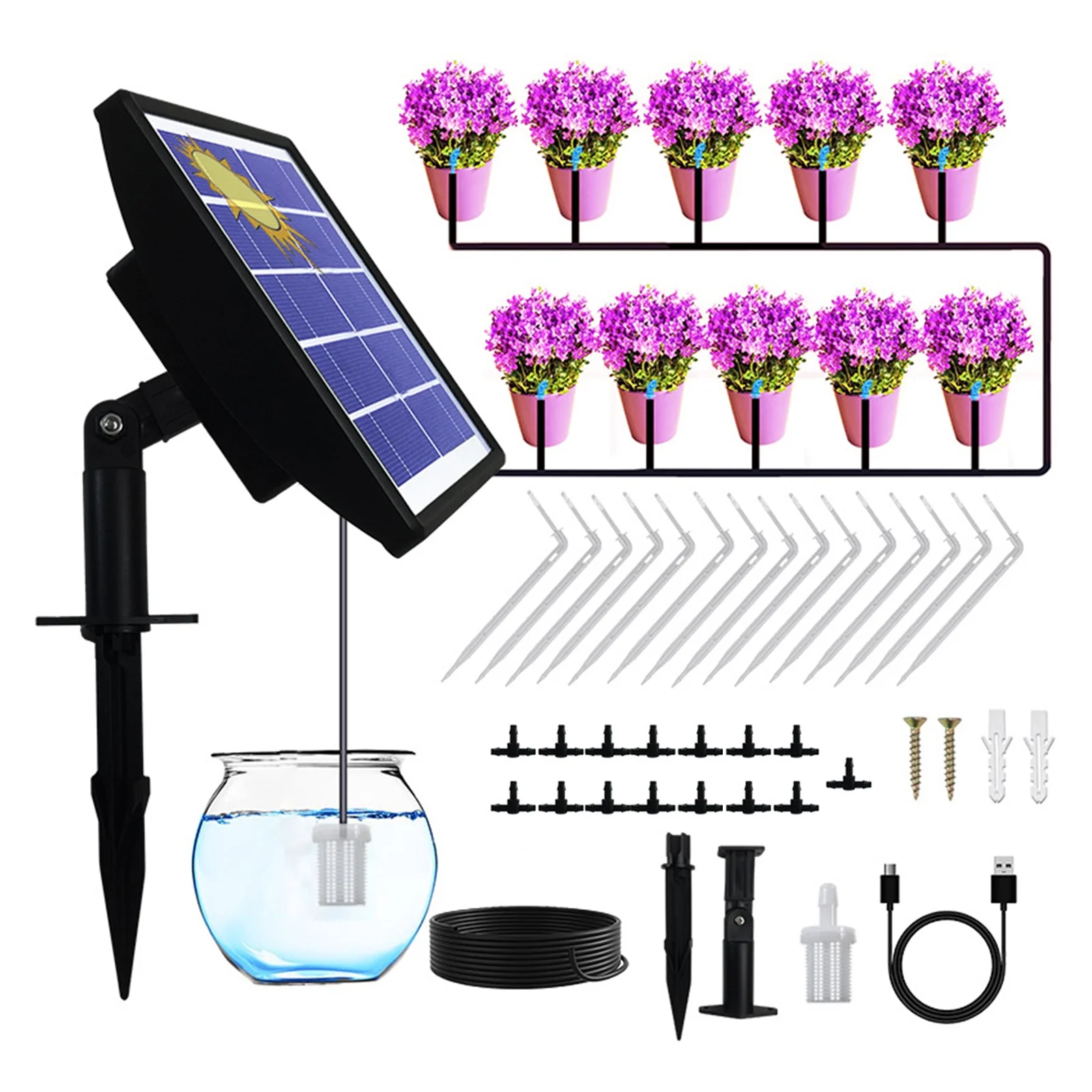 Solar Automatic Drip Irrigation Kit Anti-siphon Solar Powered Irrigation System for Garden Balcony 1-600s Timer Easy DIY Self Watering Device Supported 10-15 Pots Plants