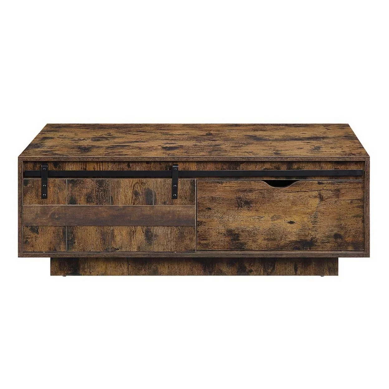 Rick 47 Inch Rustic Oak Coffee Table Sliding Barn Door Single Drawer - Saltoro Sherpi