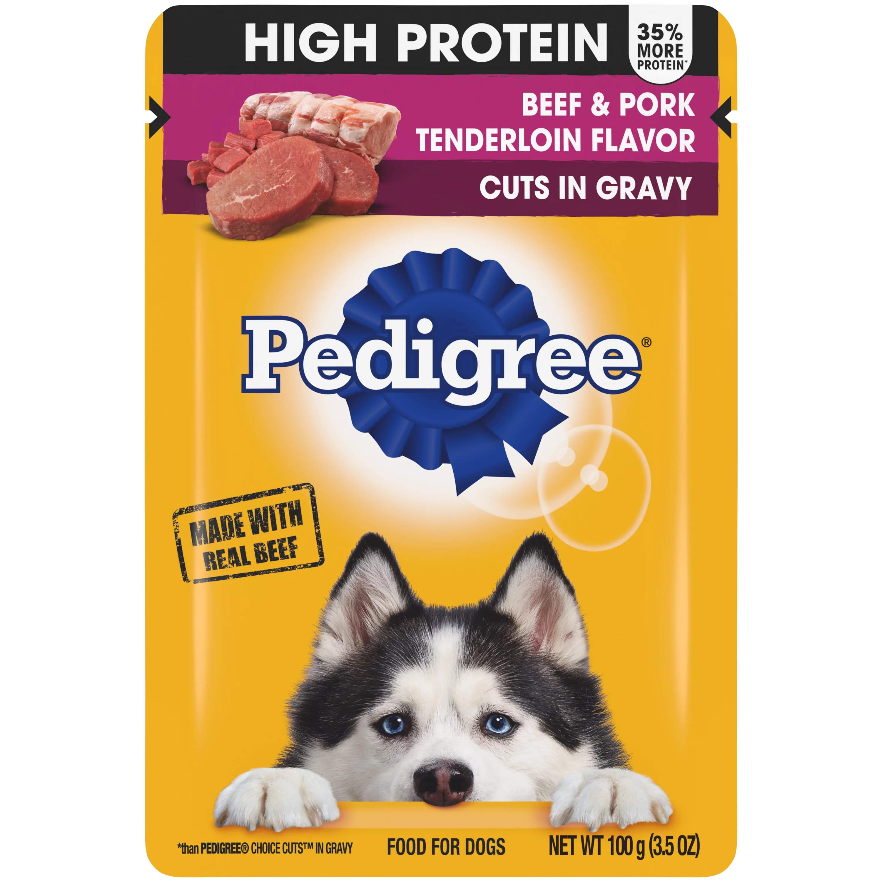 (4 pack) Pedigree High Protein Beef & Pork Tenderloin Cuts In Gravy Wet Dog Food For Adult Dog, 3.5 Oz Pouch