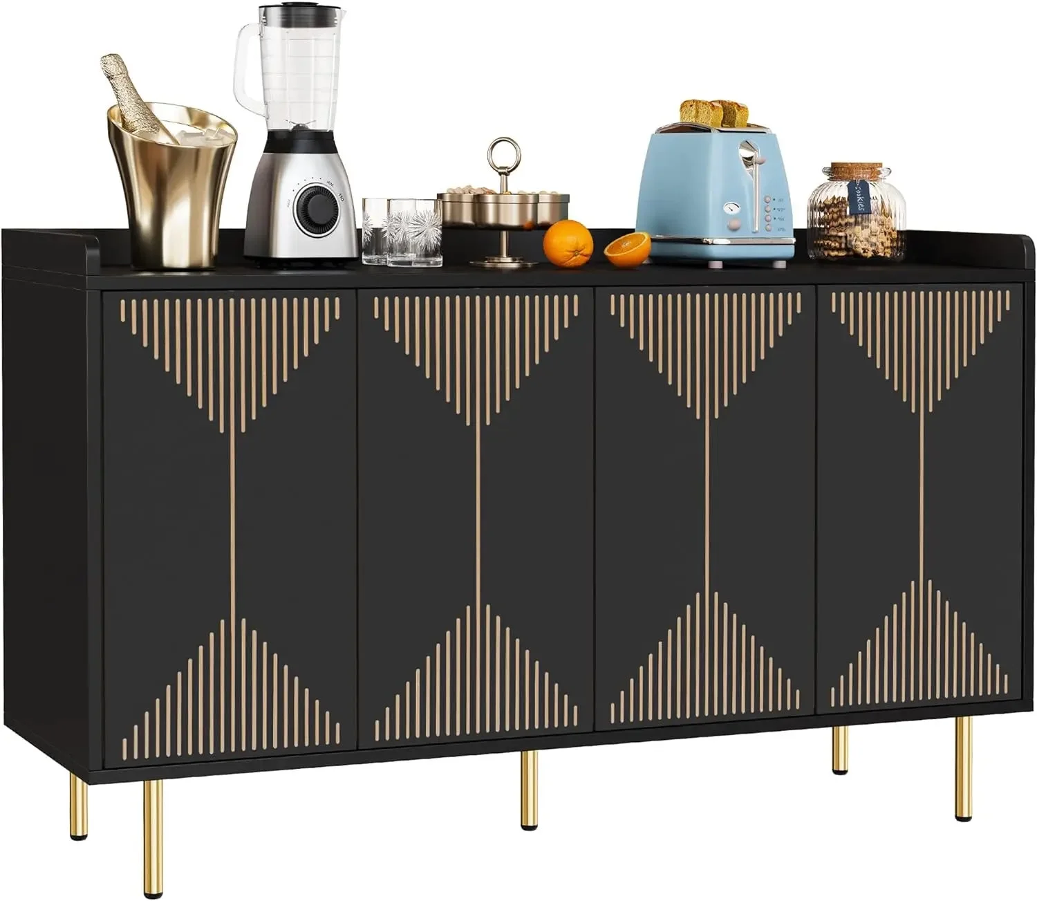 55'' Modern Sideboard Buffet Kitchen Storage Cabinet w/ Carved Design Doors, Coffee Bar Hutch Cabinet 300 lbs Capacity,White