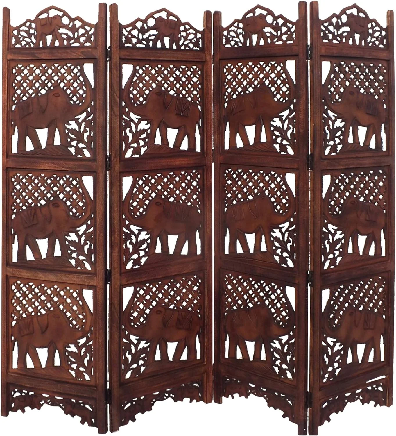 Benzara BM34823 Hand Carved Elephant Design Foldable 4-Panel Wooden Partition Screen/Room Divider, Brown