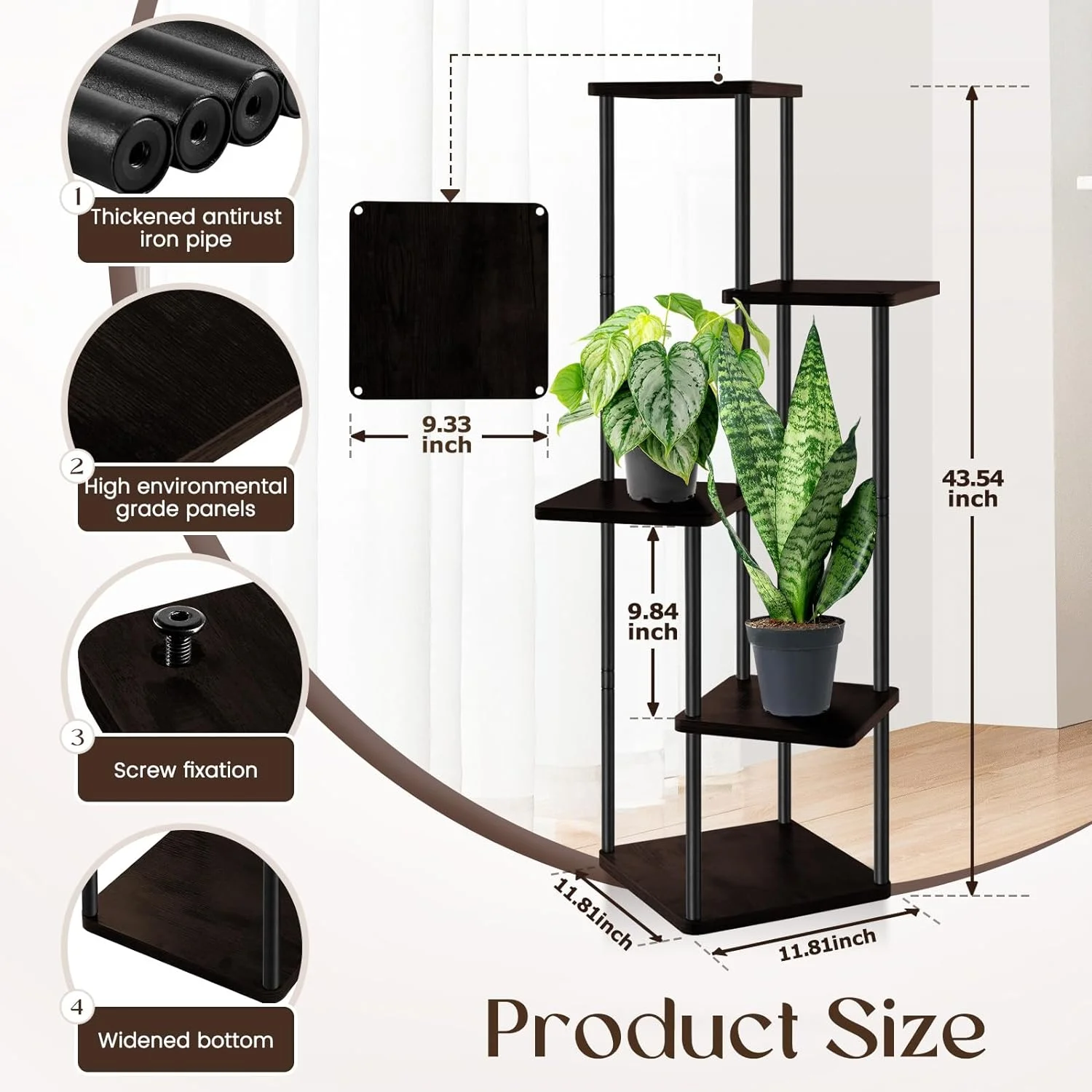 Plant Stand, 4 Tier Plant Stands Indoor For Indoor Plants Multiple, Tiered Flower Shelf Plants Holder for Bedroom Living Room, Dark Brown