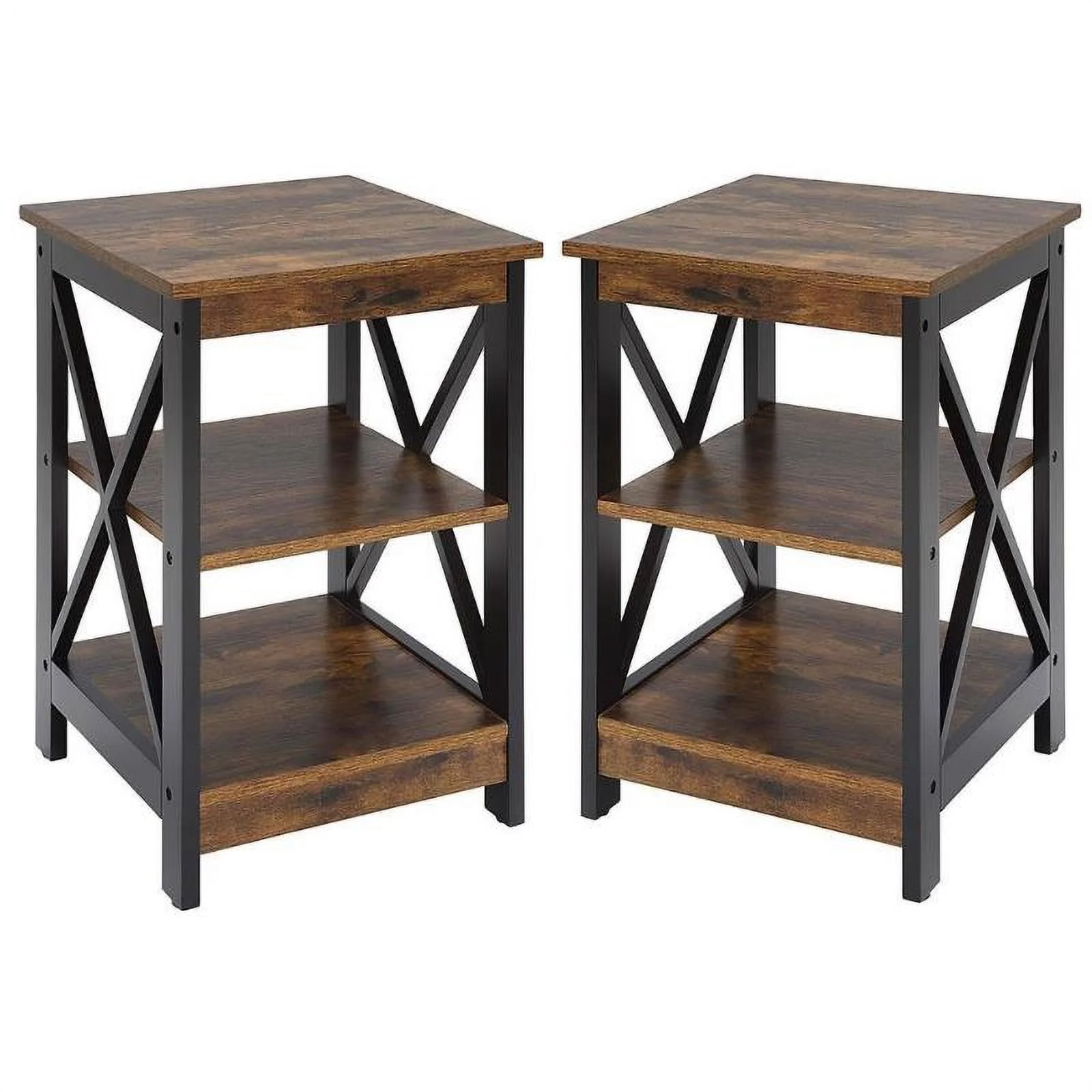 Home Square End Table with Shelves in Nutmeg Wood Finish - Set of 2