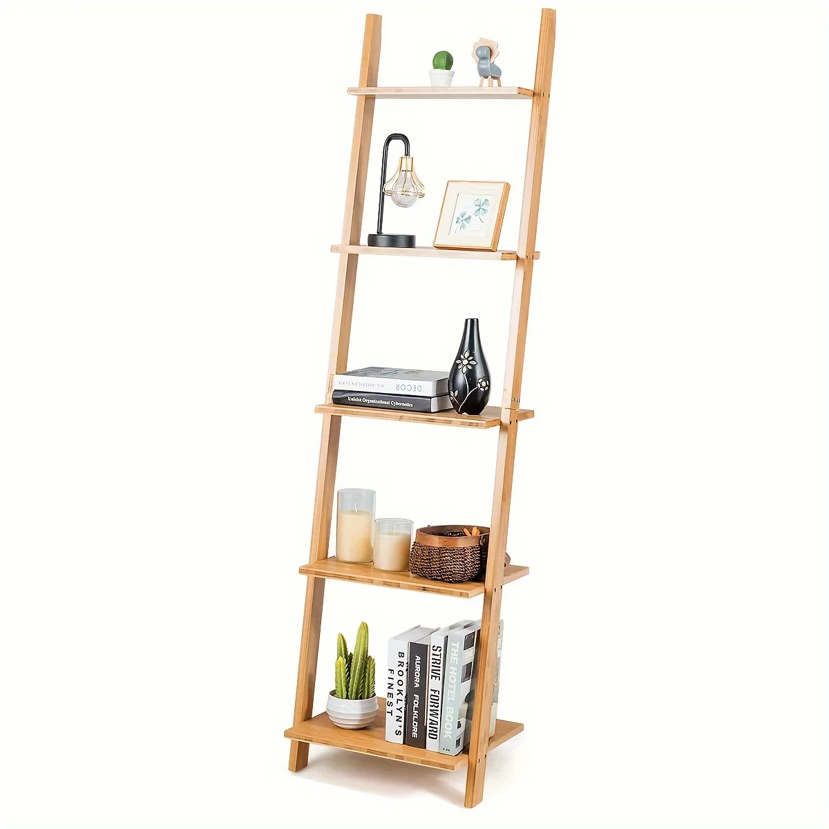 1pc 5-Tier Ladder Shelf, Modern Bamboo Leaning Bookshelf, Ladder Bookcase Open Display, Bedroom Living Room Decoration Display Rack, Home Storage And Organize