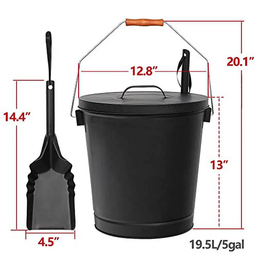 Ash Bucket with Lid and Shovel, 5.15 Gallon Large Galvanized Metal Hot Coal Wood Ash Carrier Pail for Fireplace, Fire Pits, Wood Burning Stoves, Grill, Outdoor Camping, Black