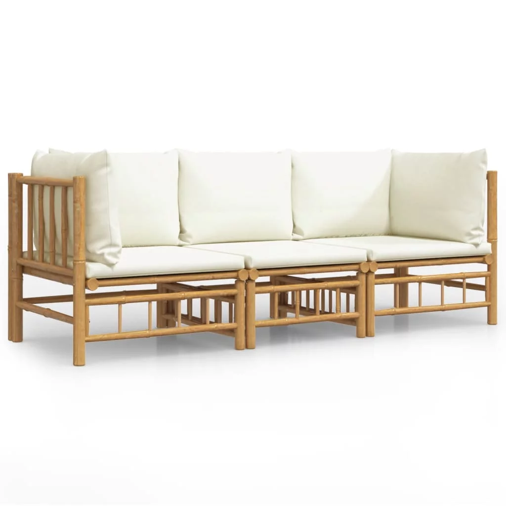Dcenta 3 Piece Patio Set with White Cushions Bamboo