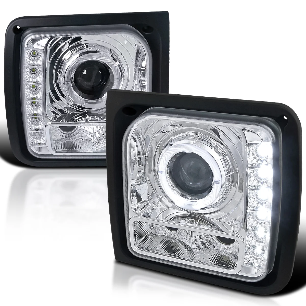 Spec-D Tuning Halo Chrome Housing Clear Lens Projector Headlights W/ SMD LEDs Compatible with 1997-2001 Jeep Cherokee Left + Right Pair Headlamps Assembly