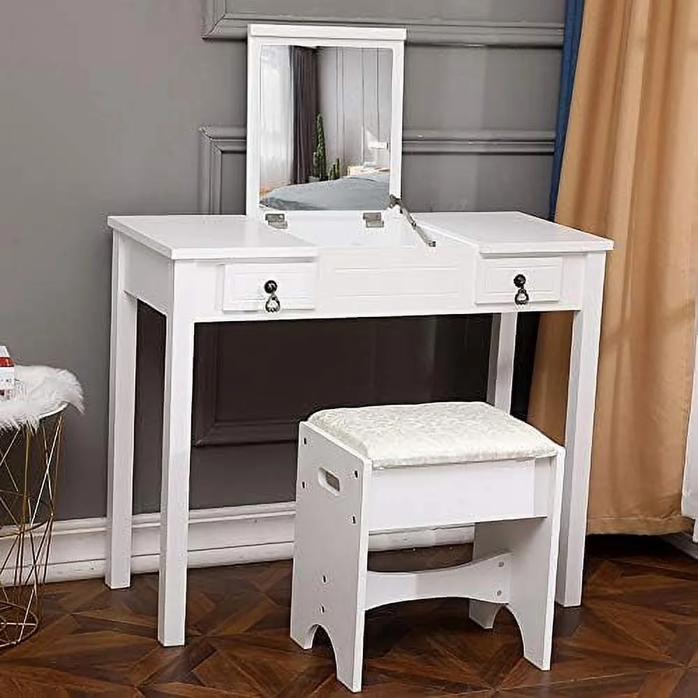 JDZHAPPYLIFE Vanity Mirror with Lights and Table Set with Cushioned Stool  Vanity Set with LED Lights and 4 Drawers for Bedroom White