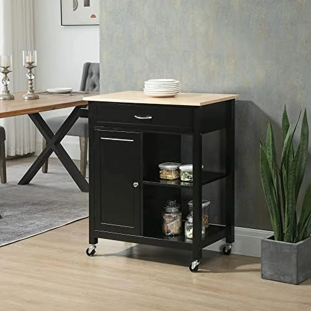 ZWNLKQG Kitchen Island Cart  Rolling Kitchen Island with   Solid Wood Top  Drawer  for Dining Room  Black