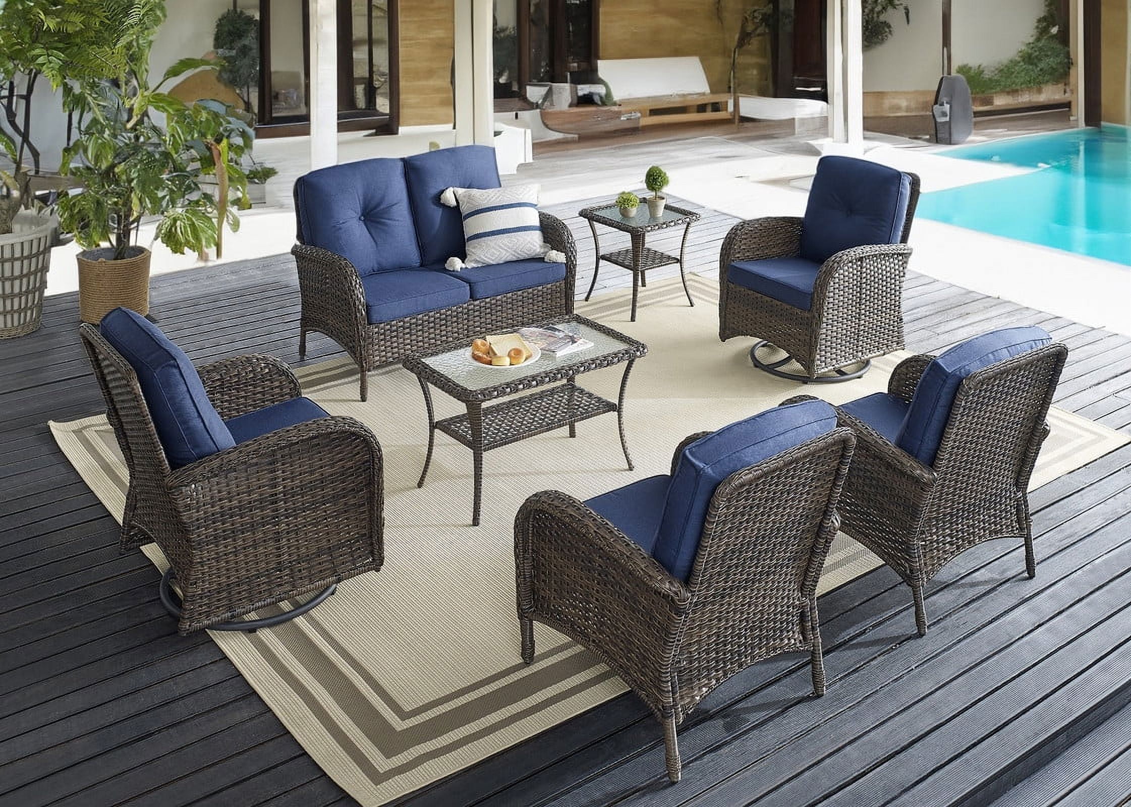 PARKWELL 7-Piece Outdoor Seating Set,Wicker Swivel Gliders with Coffee Table,Cushioned Chairs,Loveseat and Side Table,All Weather Patio Conversation Furniture Sets,Blue
