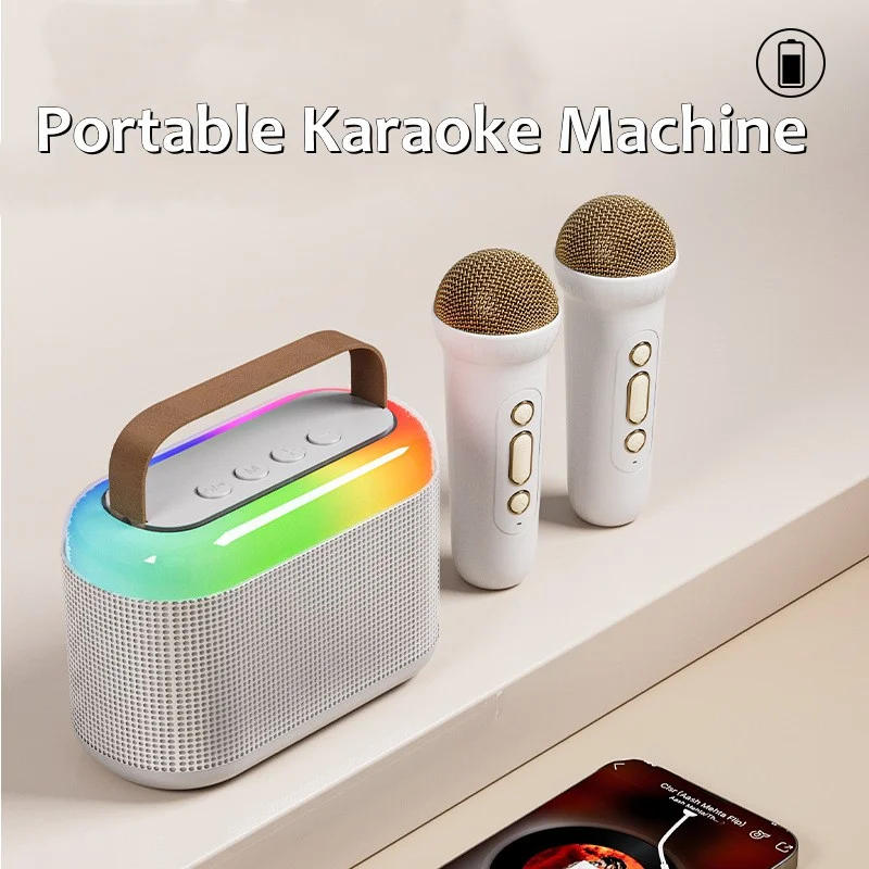 Karaoke Machine with 2 Wireless Mic, Mini Portable Bluetooth Karaoke Singing Speaker with RGB Atmosphere Lights for Kids Adults Home Party