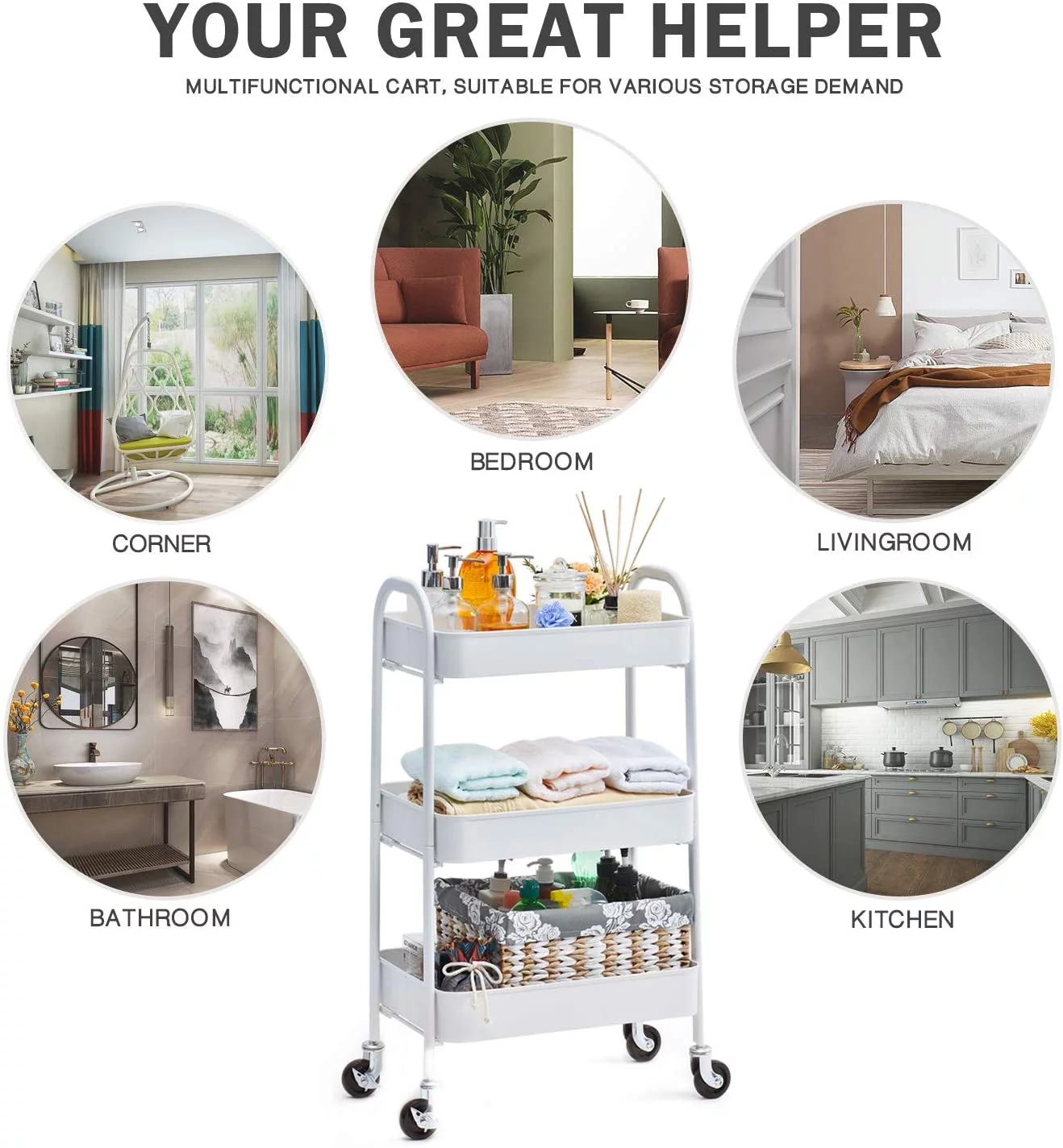 Kingrack 3 Tier Rolling Cart, No Screw Metal Utility Cart, Easy Assemble Utility Serving Cart, Sturdy Storage Trolley with Handles, Locking Wheels, for Classroom Office Home Bedroom Bathroom, White