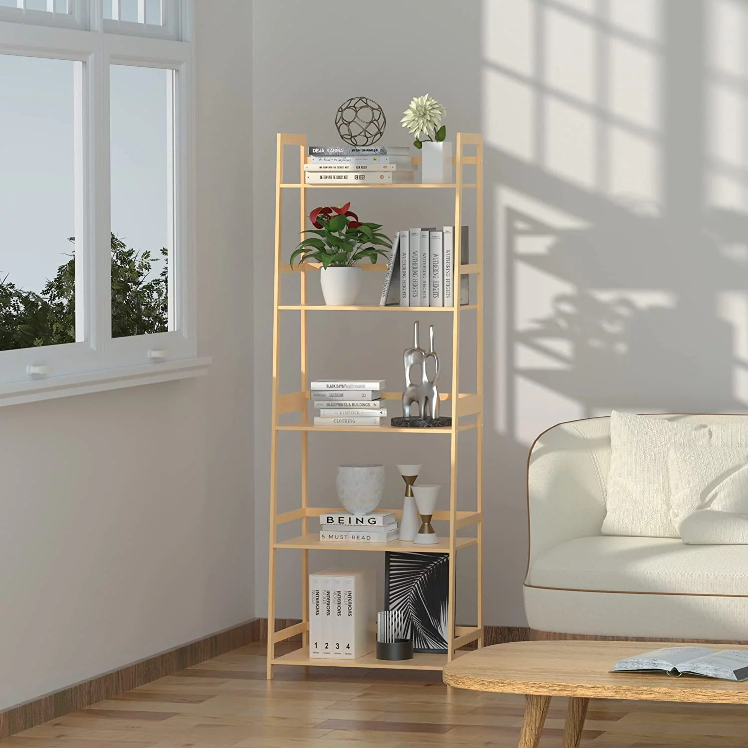 Ladder Shelf, 5 Tier Bamboo Bookshelf, Modern Open Bookcase for Bedroom, Living Room, Office, Natural