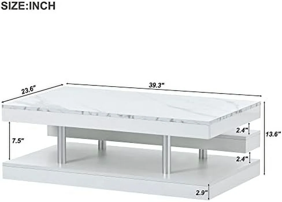 SQRTCV Modern Coffee Table  2-Tier Rectangular Coffee Table with    Cocktail Table with High-Gloss UV Surface  Minimalist Design Center Table with Silver Metal Legs for Living Room（White）
