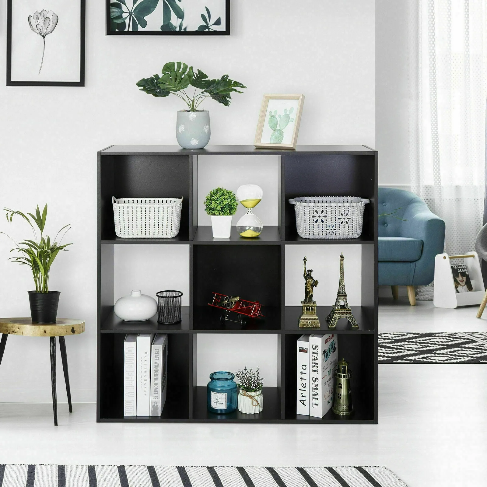 9 Cubes Organizer Wood Bookshelf Open Shelf Bookcase Storage for Bedroom 3-Tier