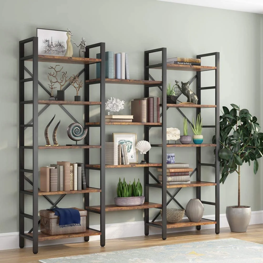 Tribesigns Industrial Large 5-Tier Bookshelves for Display and Storage, Modern Triple Wide 14 Shelves Etagere Bookcase with Metal Frame & Vintage Wood, Vintage Browm