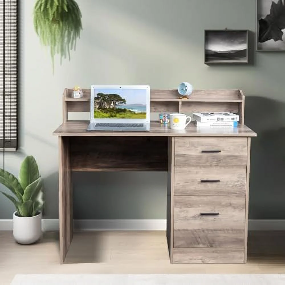 YPDCHB Grey Computer Desk with Drawers ＆ Hutch   Office Desks with  for  Students Teens  Small Wood Table for Work Study Gaming Writing  PC Laptop Workstation