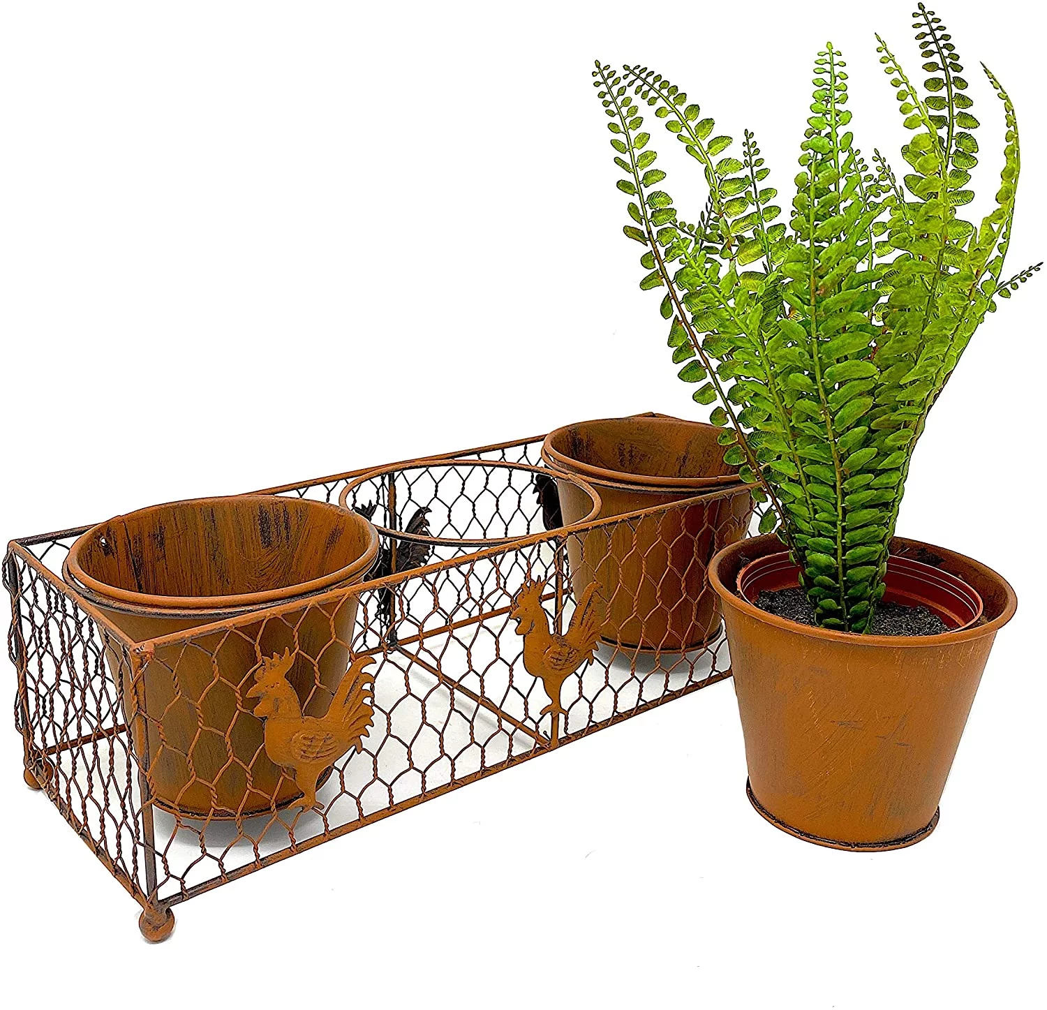 Rooster Planter Rustic Brown Decor 3 Metal Pots In Wire Basket Farmhouse Barnyard Inspired Indoor Outdoor 14