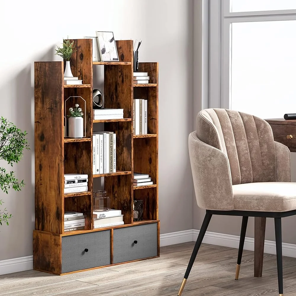ZFGSUIJN 5-Cube Bookcase with 2 Drawers - Industrial Freestanding Open Display Shelving with Anti-toppling Device  7  Shelves  Wooden Tree Shaped Bookshelf  Room  Rustic Brown