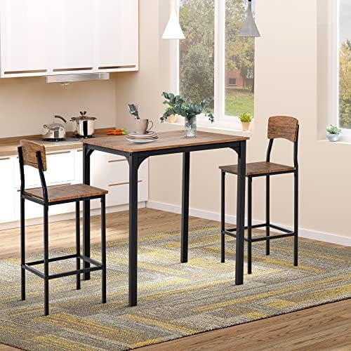 HBBOOMLIFE 3 Piece  Table Set  Industrial Counter Height Dining Table Set   Table & Chairs with Steel Legs & Footrests  White