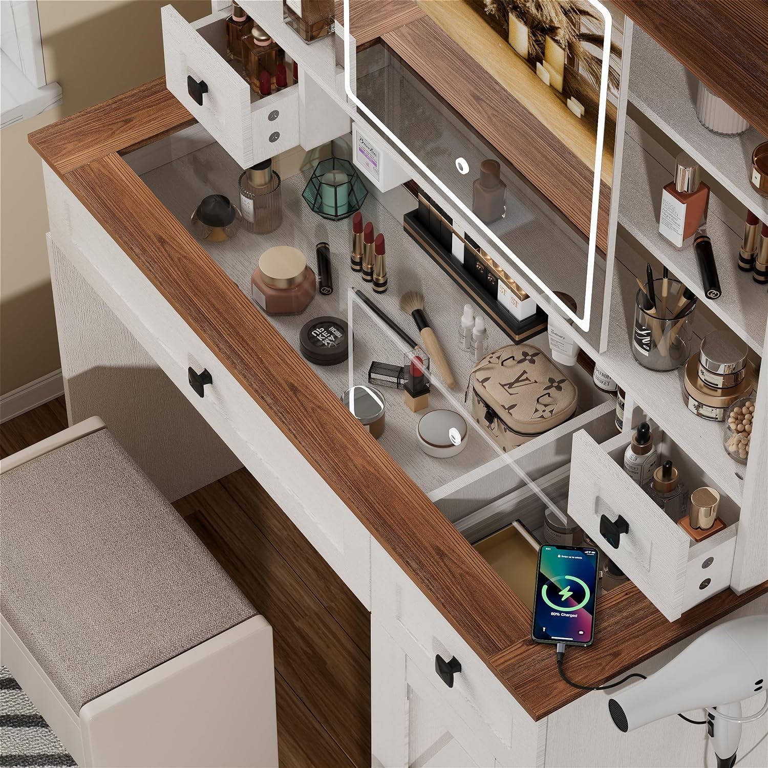 xrboomlife Vanity Desk with Sliding Mirror and Lights  Glass Tabletop White Vanity Table with Charging Station  Bedroom Dressing Table with 2 Drawers & 1 Cabinet  3 Color Lighting Mod