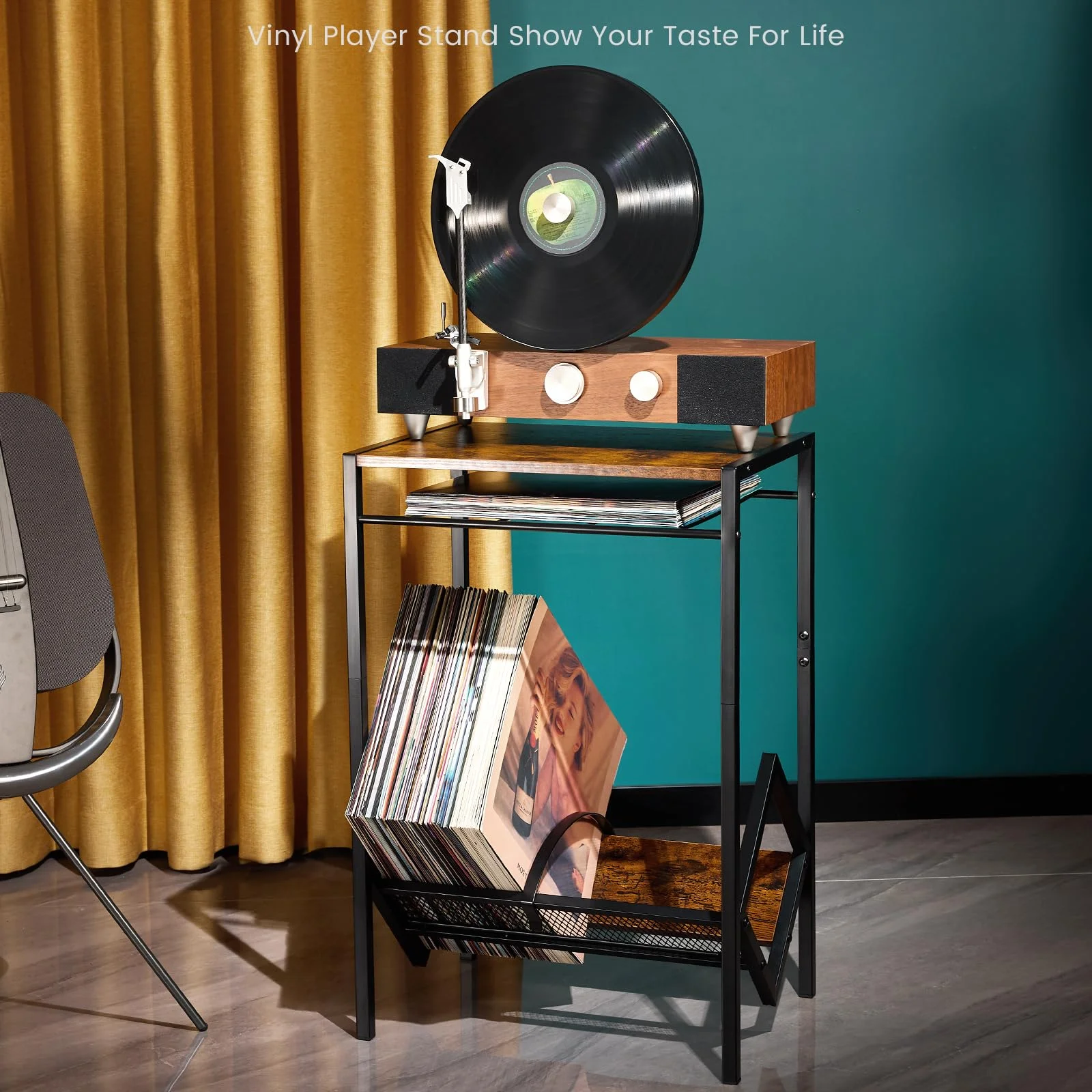 HOYER Wooden Record Player Stand, Can Store Up to 80 Albums, Turntable Stand for Living Room, Bedroom, Office
