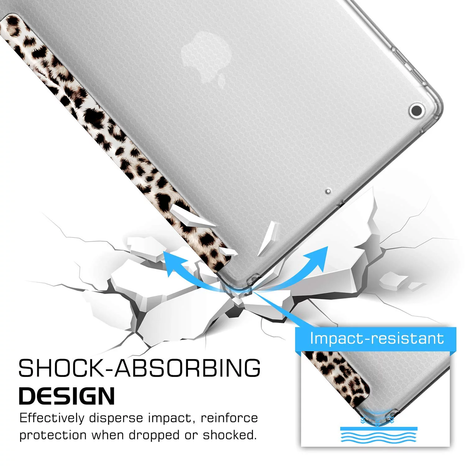 DuraSafe Cases iPad Air 2 Air 1 9.7 Inch 5 6 Gen [ 5th 6th Air 2nd 1st Gen ] A1567 A1566 MGLW2LL/A MGL12LL/A Printed Smart TriFold Lightweight Soft Silicone Transparent Front & Back Cover - Leopard