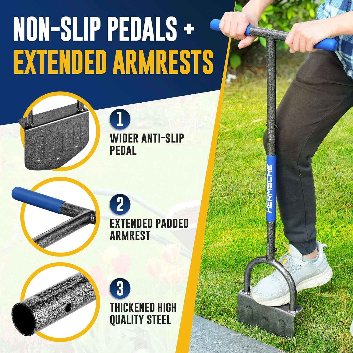 Hermsche Manual Edger Lawn Tool Half Moon Lawn Edger with T-Grip Sidewalk Lawn Grass Long Handled Step Edger Stainless Steel Manual Trimming Shovel,38.2inch.