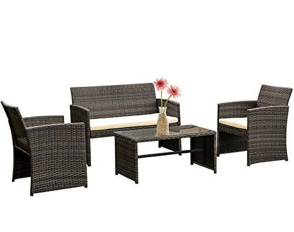 4 Pieces Outdoor Patio Furniture Sets Wicker Outdoor Garden Furniture,Brown, 3 People