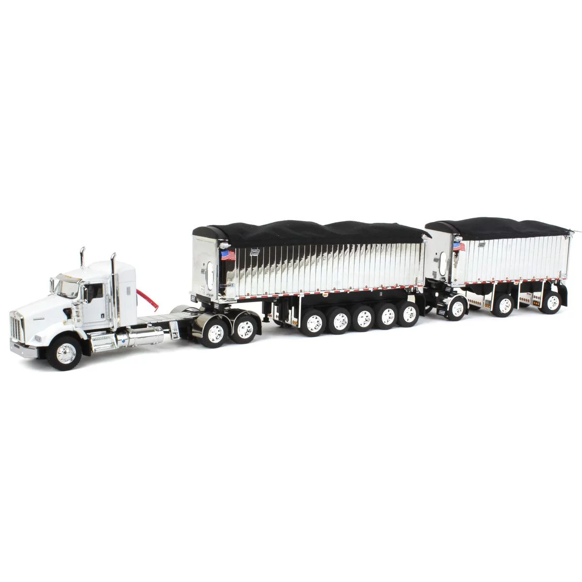 First Gear 1/64 White/Chrome Kenworth T800 w/ Chrome East Genesis II End Dump Trailers, DCP, 60-1571