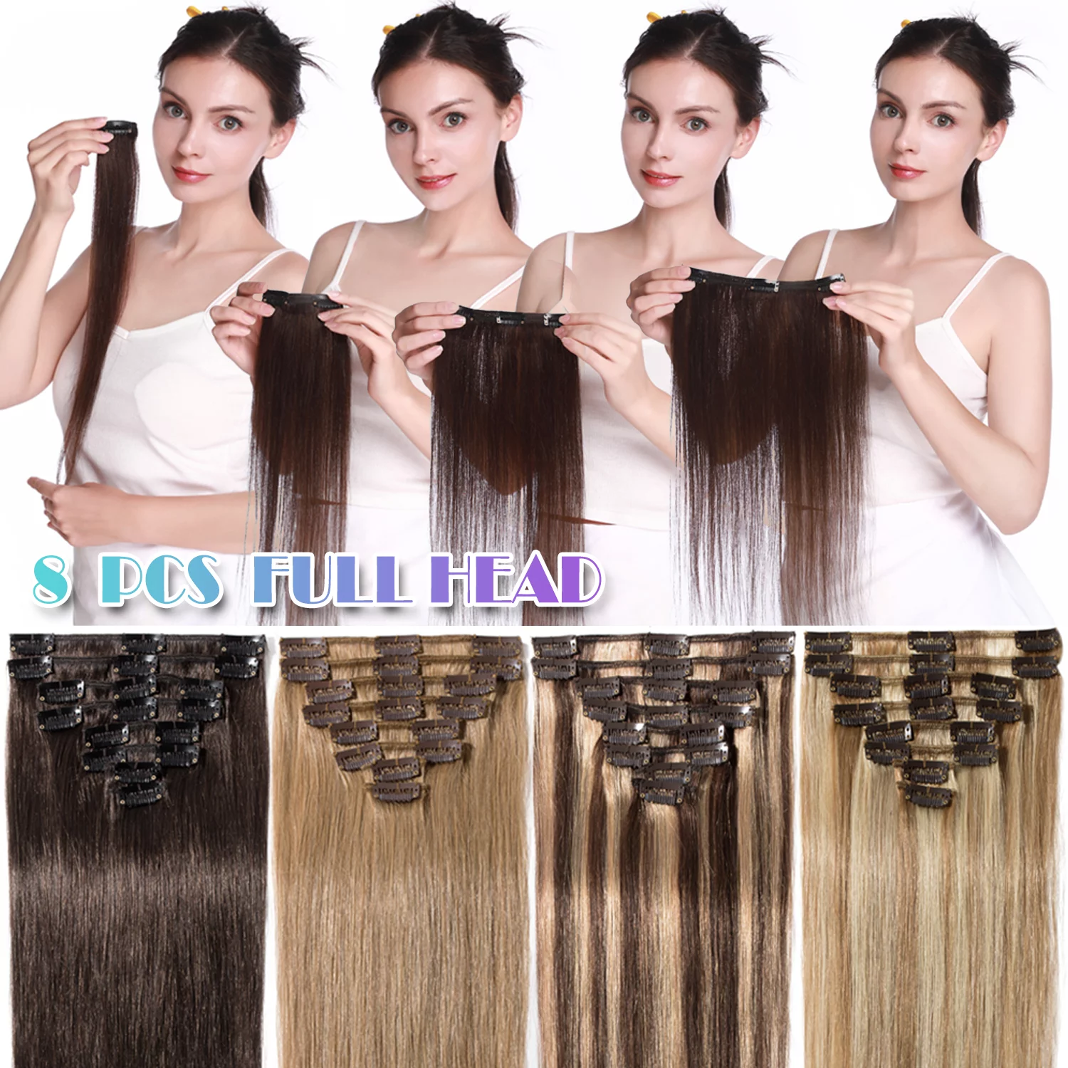 Benehair 100% Remy Human Hair Clip In Human Hair Extensions Full Head 8 Pcs Invisible Brown Hair Straight Smooth Hair Extensions US 8A Quality CLEARANCE