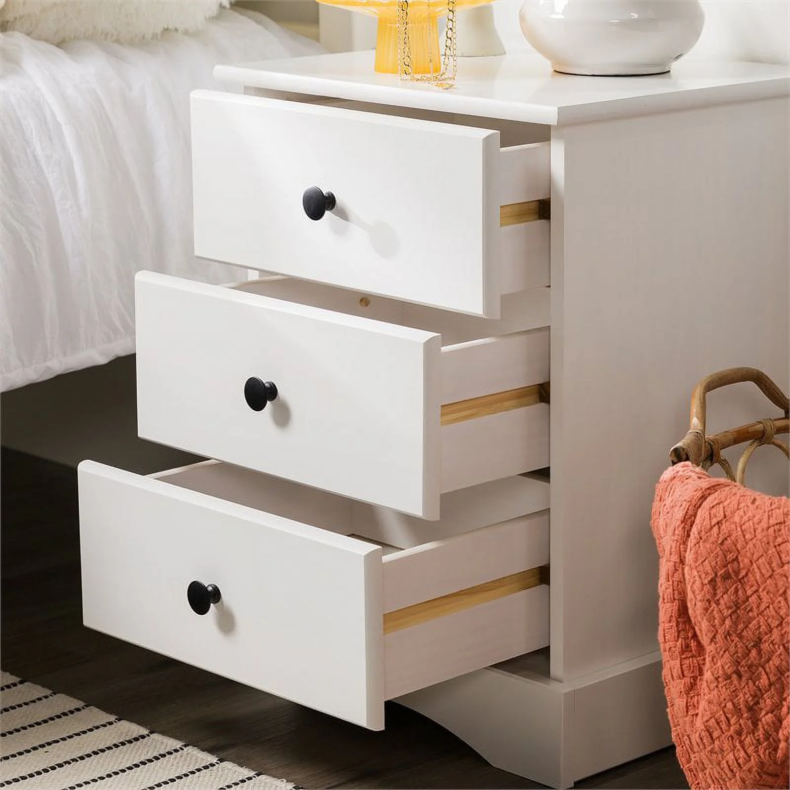 Classic 3 Drawer Solid Wood Top Bedroom Nightstand in White