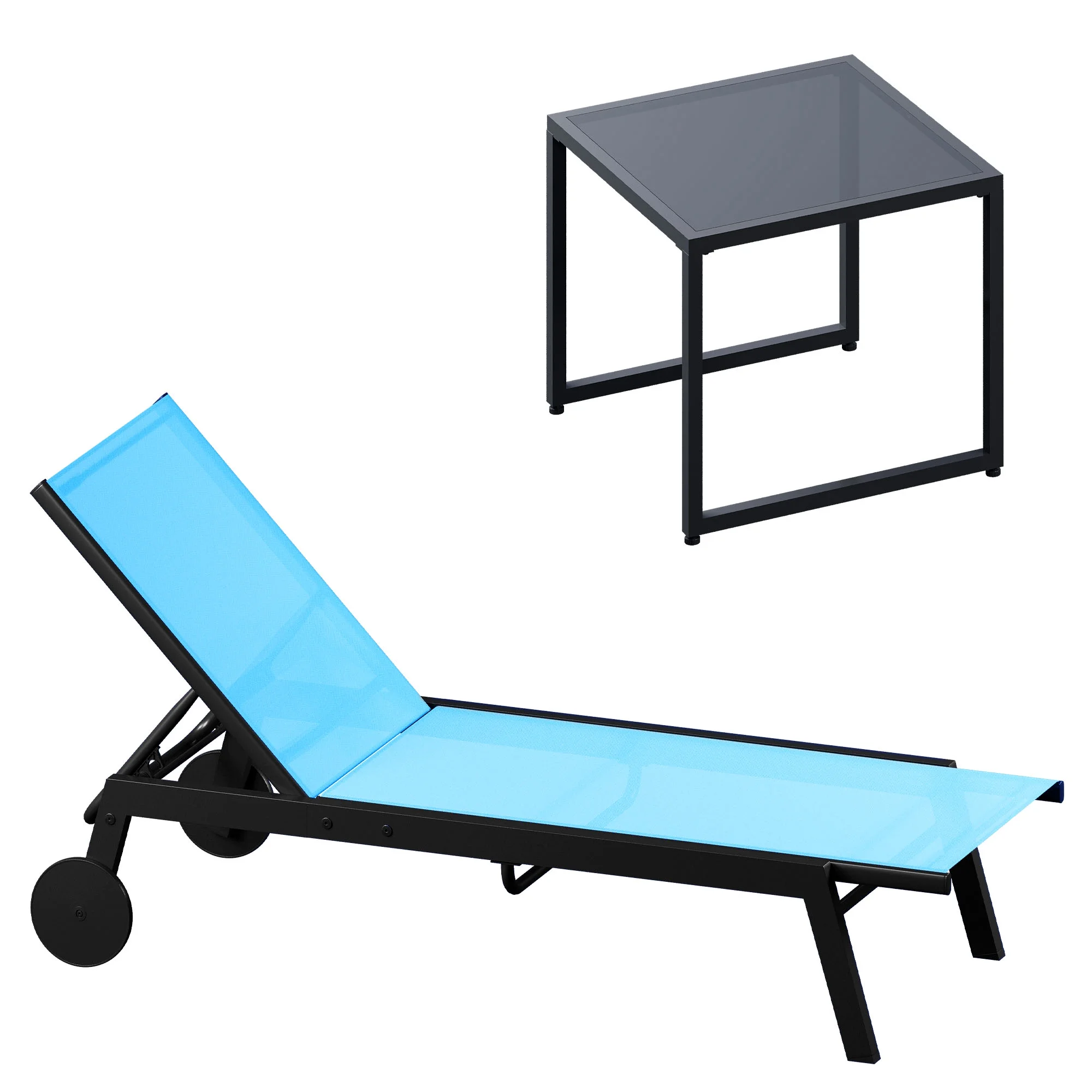 ModFusion Cozy Adaptable Blue Textile Fabric Sun Lounge, 2 Chair in 1 packaged, w/ Side Table, Aluminum Frame Lounge w/ Wheels