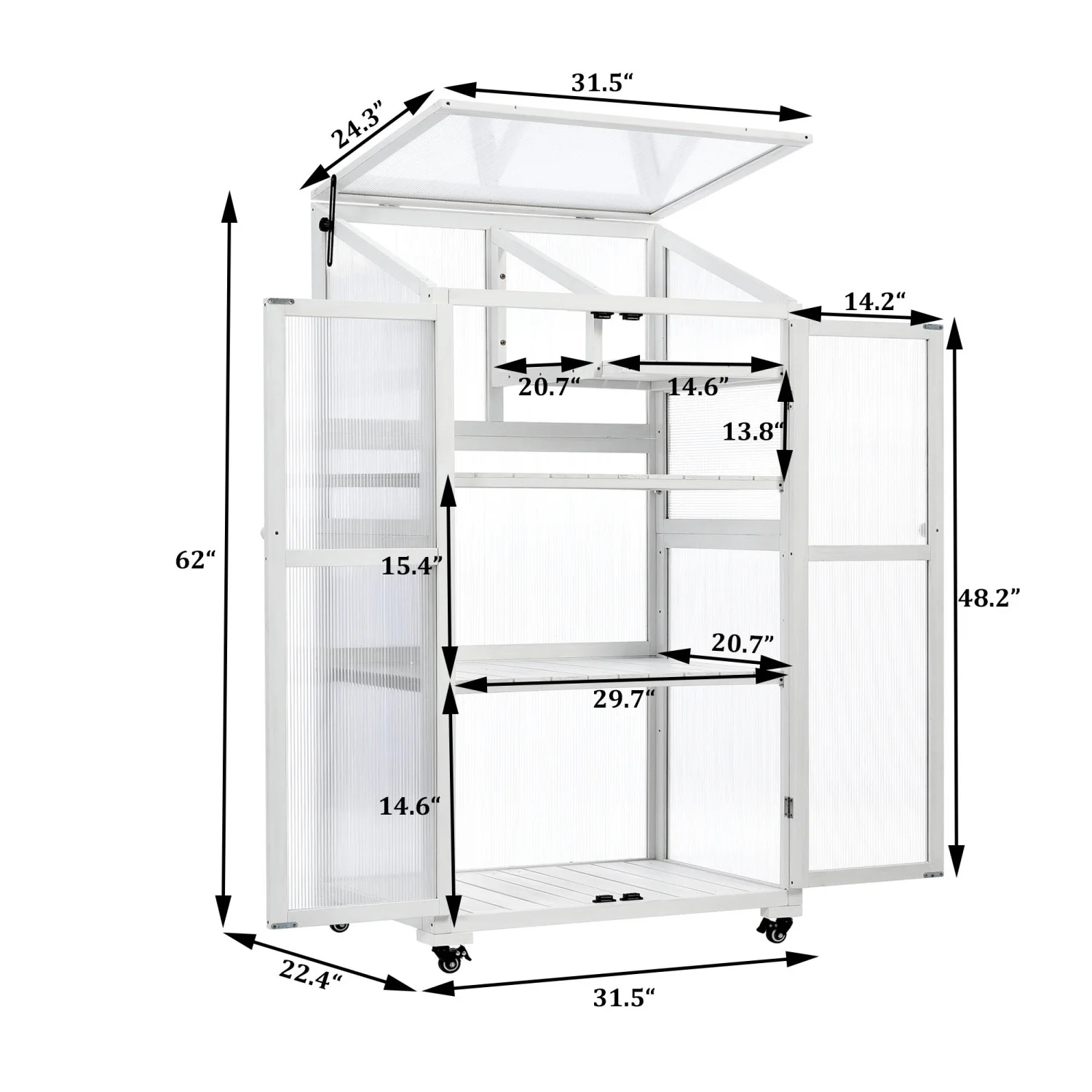 Churanty Cold Frame 62 Inch Height Wooden Large Balcony Portable Cold Frame Greenhouse with Wheels and Adjustable Shelves for Outdoor Indoor Use, White