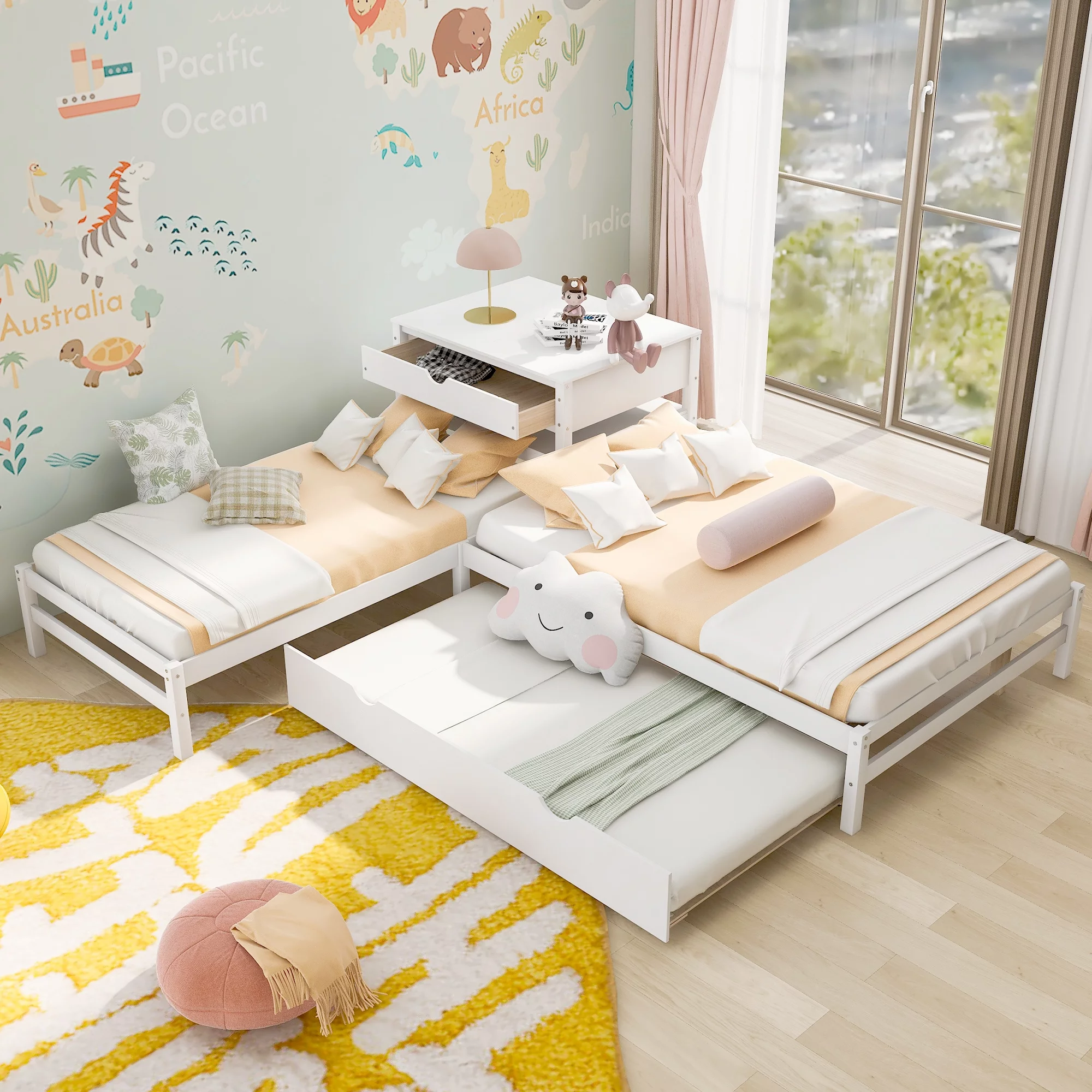 Full and Twin Size L-Shaped Platform Beds with Trundle and Table, White