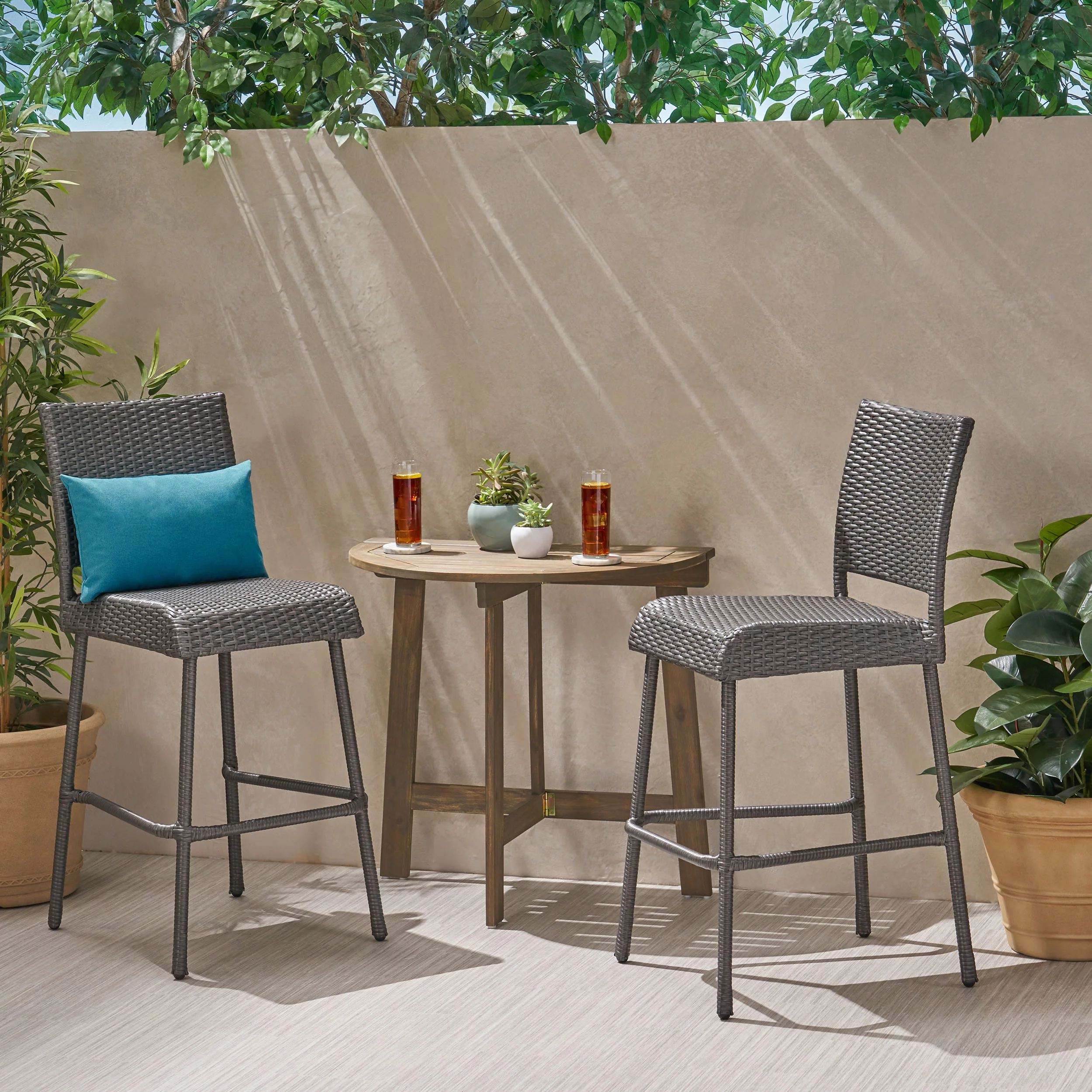 Noble House Meadow 3 Piece Half-Round Wooden Patio Bar Set in Gray